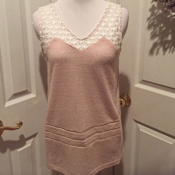 Tan lightweight sweater tank with lace top - Picture 1 of 4